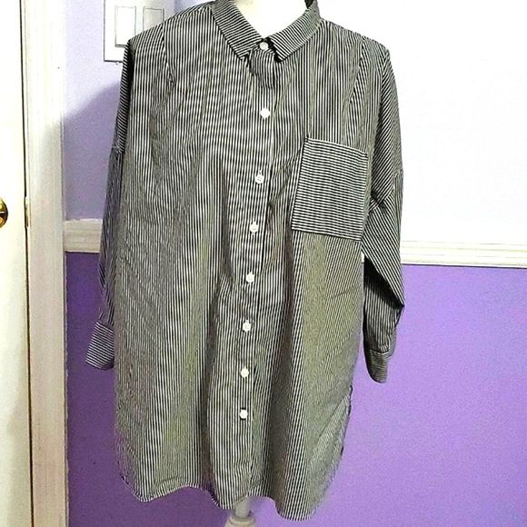 Tommy Bahama Boyfriend Navy & White Striped Oversized Button Down Tunic Shirt - Picture 1 of 12